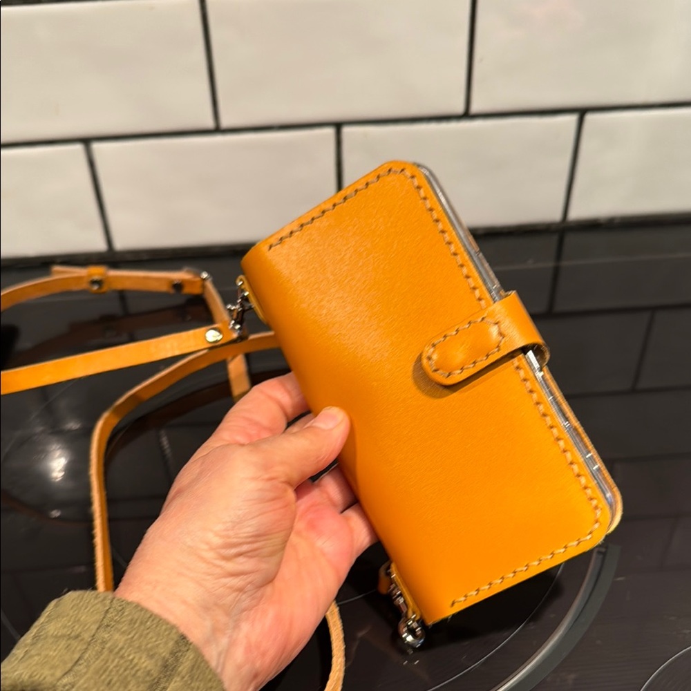 Yellow Leather Wallet with cross body strap 16ProMax Case & Wallet all in one!